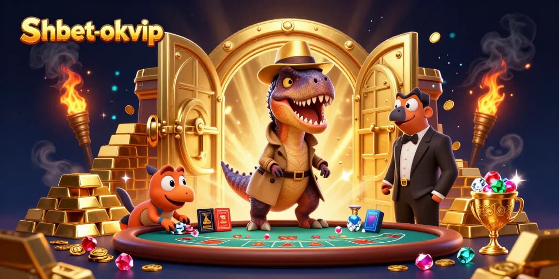 Shbet-okvip velociraptor card counter amid a vibrant casino scene with gold treasures and dynamic gameplay.