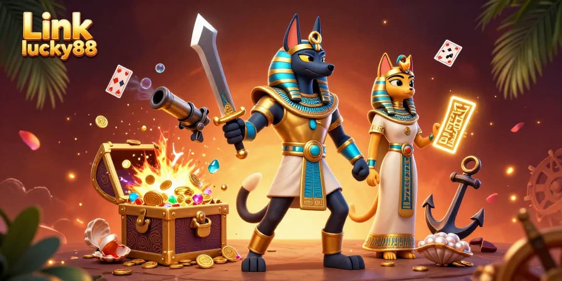 Experience thrilling adventures with Link lucky88 at a vibrant 3D casino scene.