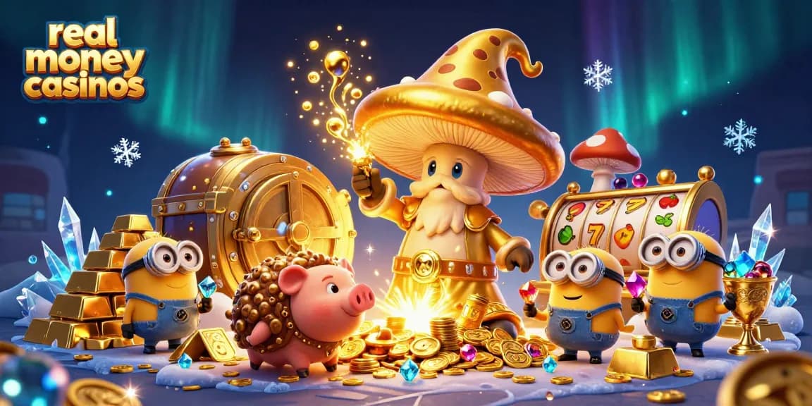 Experience real money casinos with magic-themed characters and vibrant treasures in this vivid illustration.