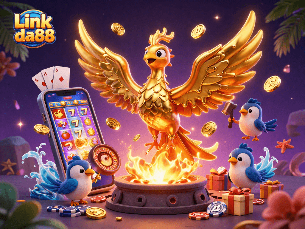 Experience Link da88 with a vibrant 3D casino scene featuring a molten gold phoenix and thrilling slot games.