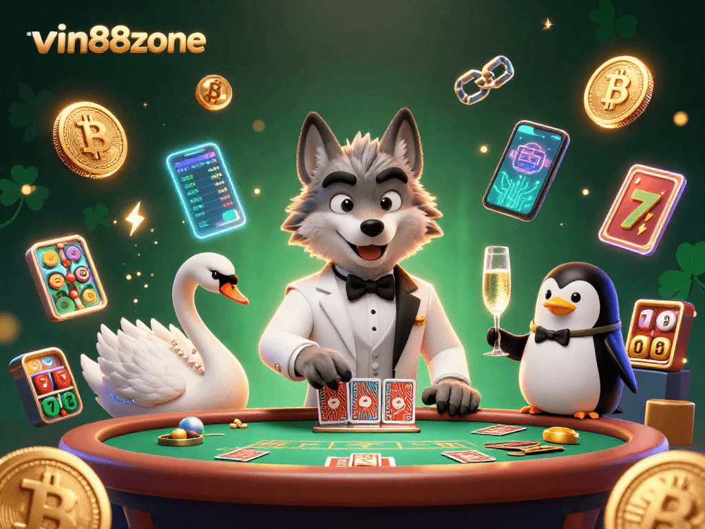 Experience thrilling baccarat action with vin88zone featuring a debonair wolf, elegant swan, and sophisticated penguin.