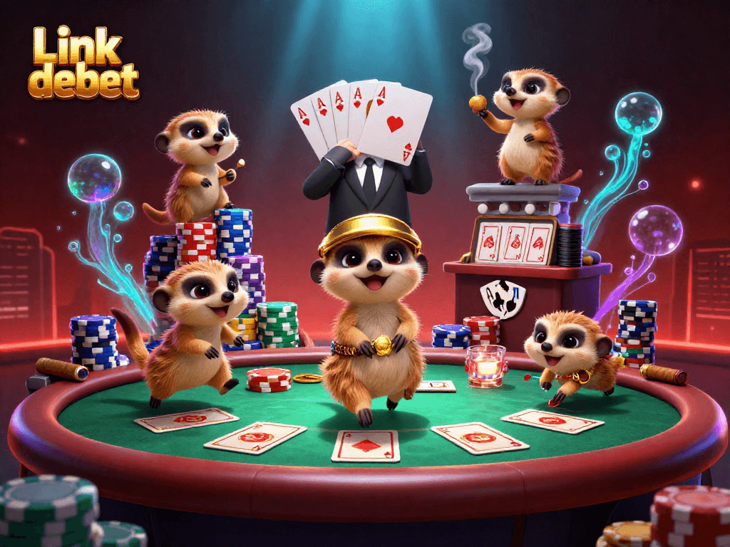 Experience excitement in "Link debet": meerkats running a vibrant casino scene.
