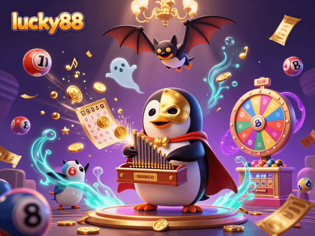 Experience exciting games at lucky88 with a vibrant scene of a penguin character, lottery balls, and golden coins.