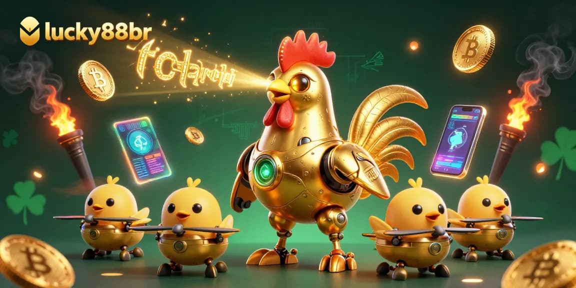 Engage with lucky88br's dynamic game scene featuring a golden rooster robot and crypto elements.