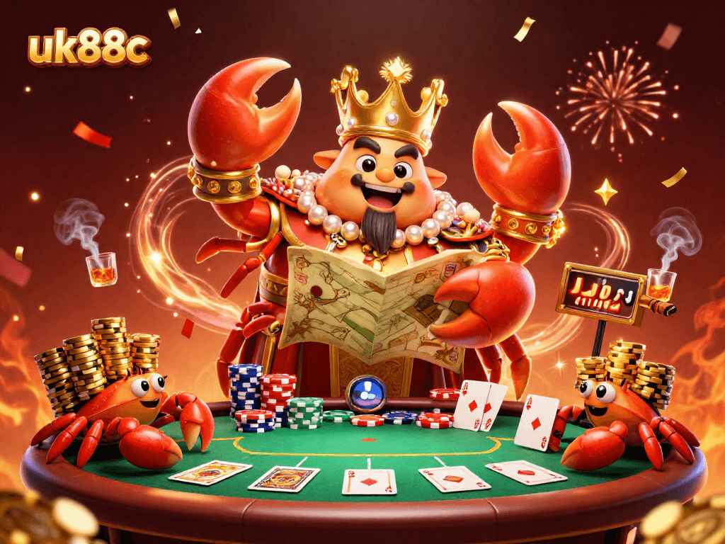 Engage with the lively activity at uk88c featuring a golden crab emperor amidst poker excitement.