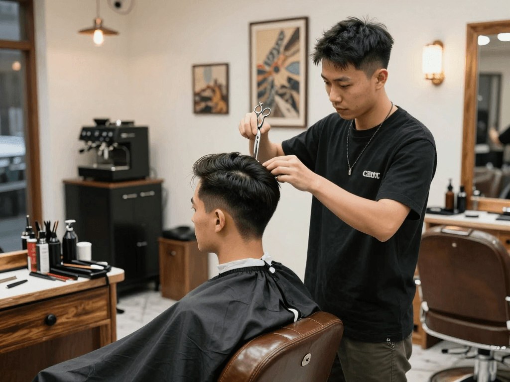 Precision haircut in a stylish barbershop highlighting rokok88 alternatif grooming experience.