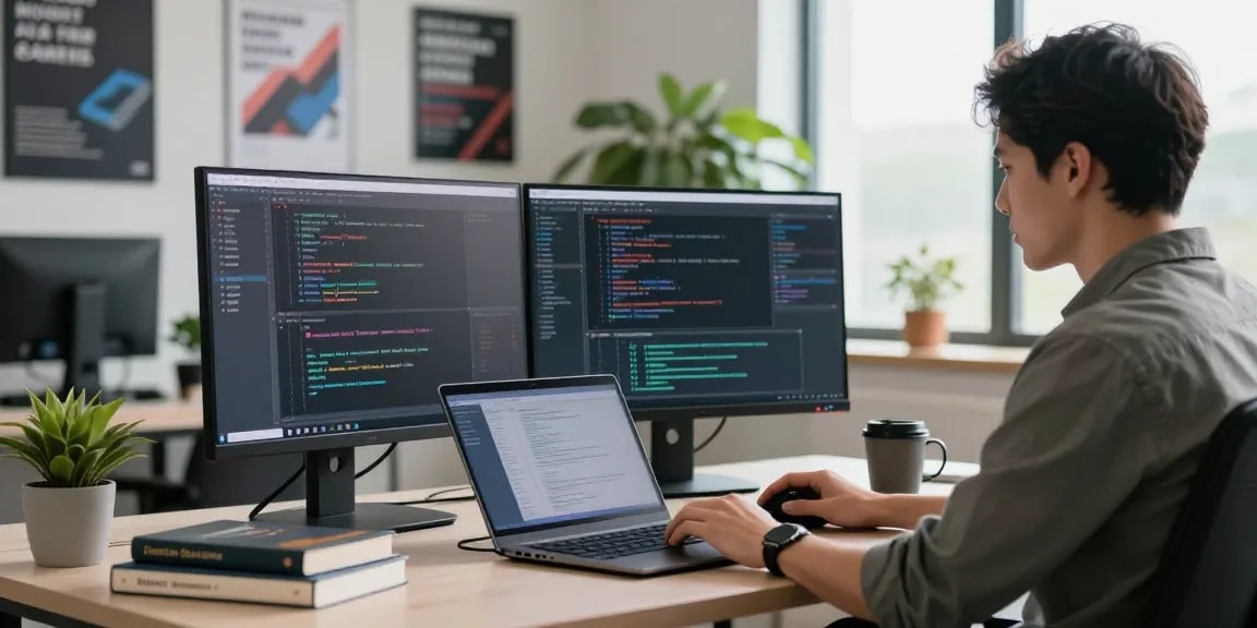 A software developer in a modern office setting uses dual monitors while coding, showcasing the WPS Official Website's tech solutions.