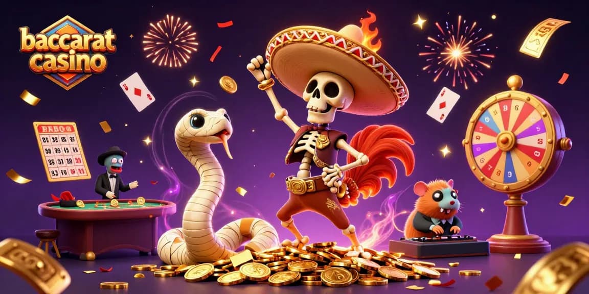 Baccarat casino scene featuring a dancing skeleton mariachi, a mummy snake, and a DJ hamster amidst vibrant game elements.