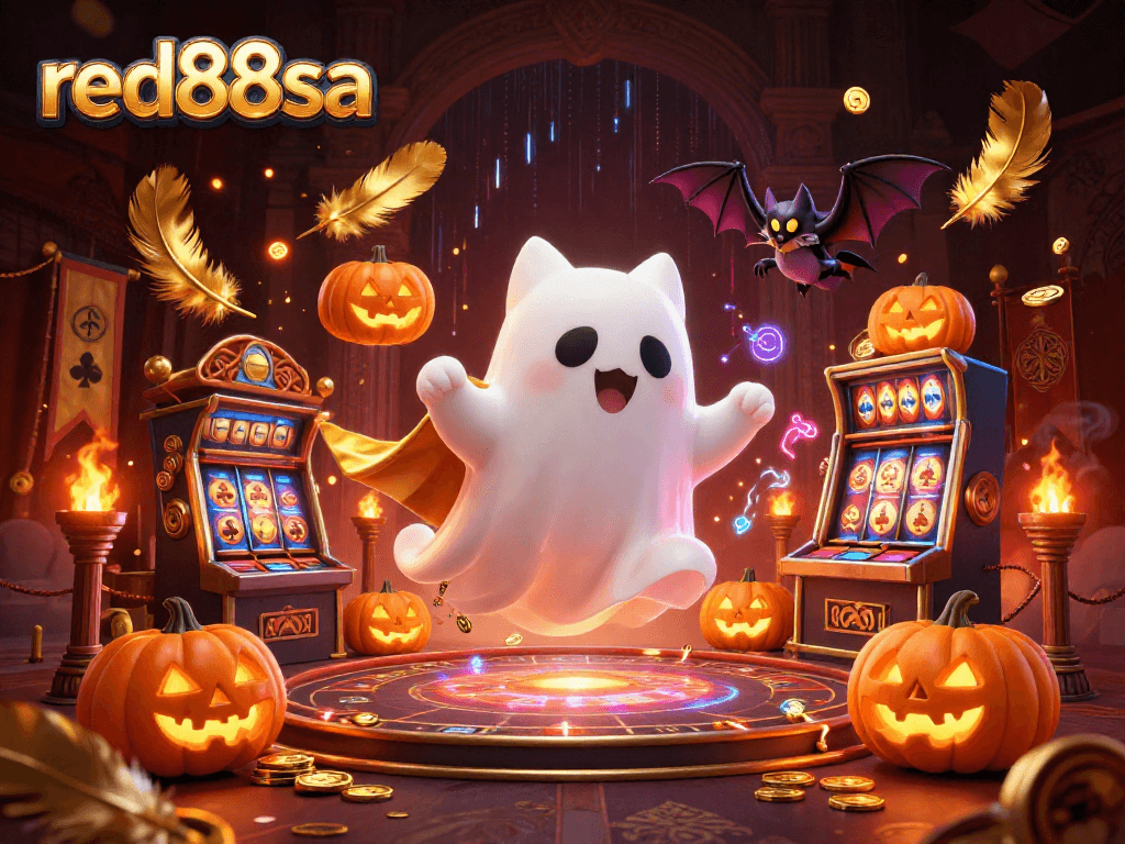 Experience thrilling gaming at red88sa with a playful ghost cat and vampire bat in an atmospheric haunted casino.