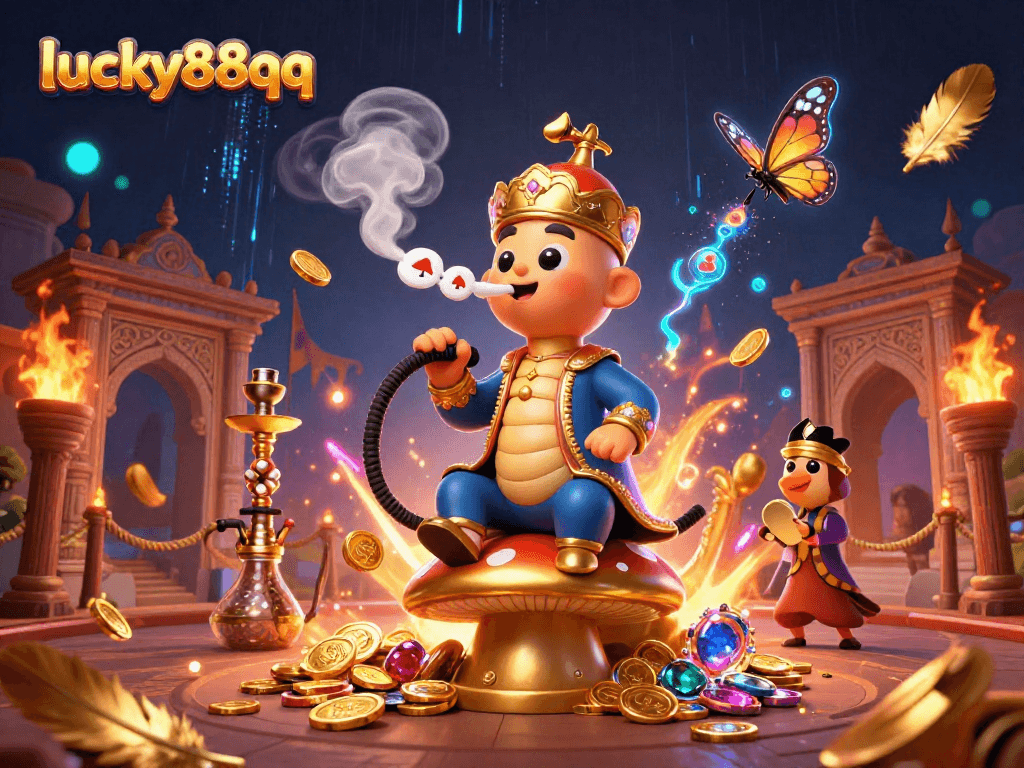 lucky88qq illustrates a whimsical casino scene with a caterpillar master amidst vibrant gambling elements.