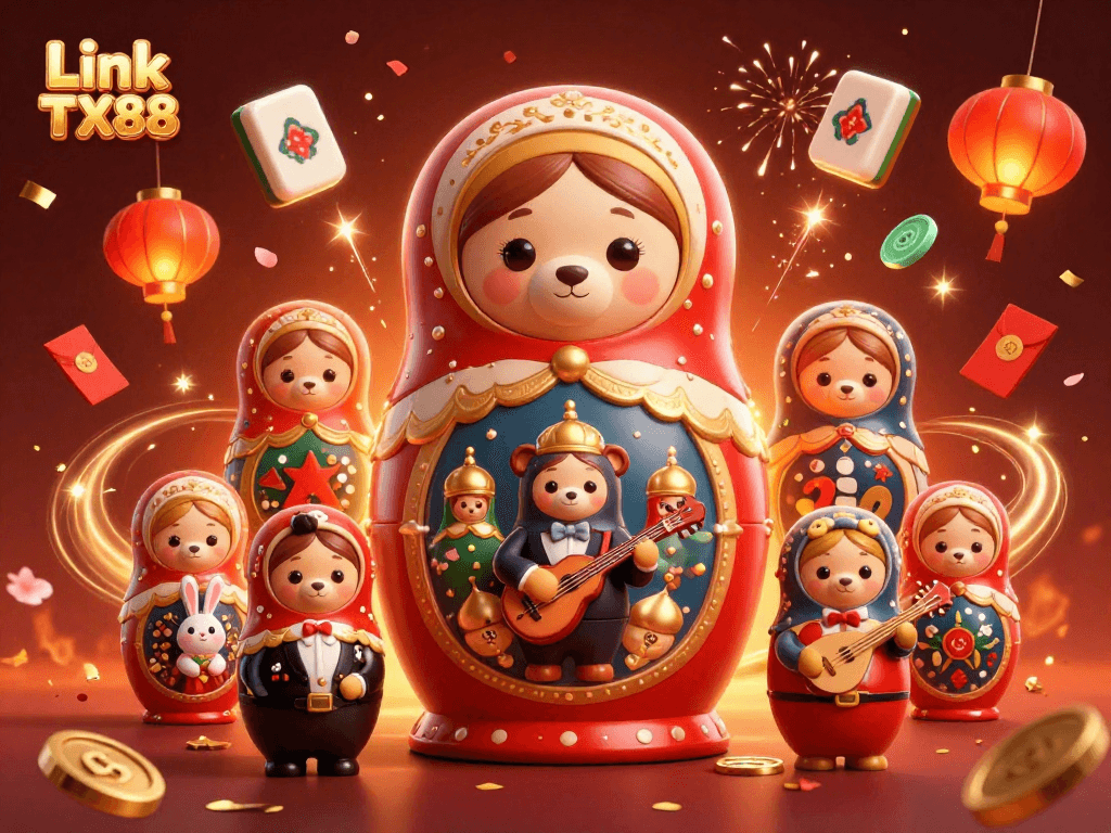 Experience the excitement of gambling with Link TX88 through this vibrant illustration of casino characters and festive elements.