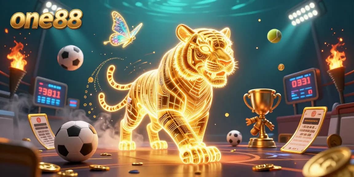 Bet on one88's immersive gaming experience with a neon golden tiger and dynamic sports elements.
