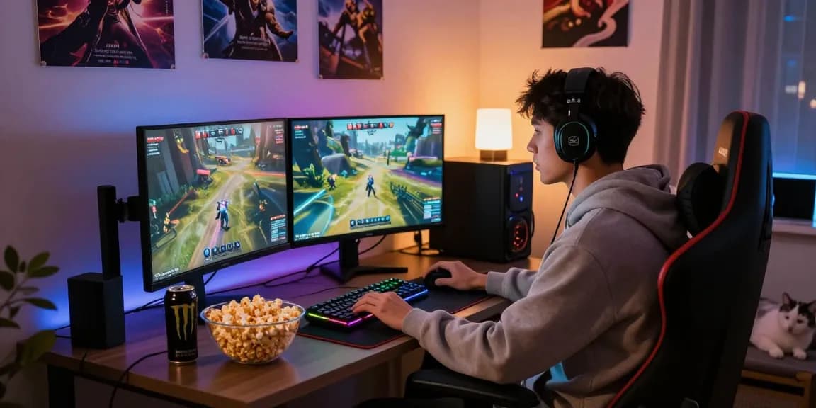 Gamer immersed in vibrant rokok88 game setup with dual monitors and cozy atmosphere.