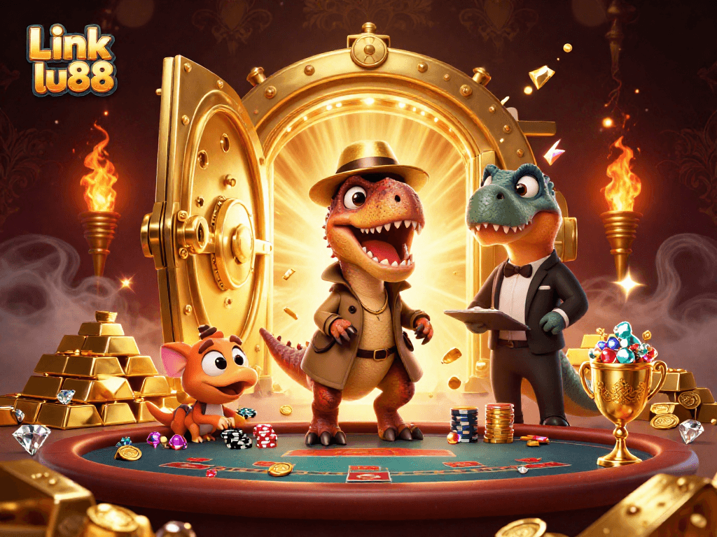 Experience thrilling gameplay at Link lu88 with a vibrant 3D casino scene of cartoon characters and treasures