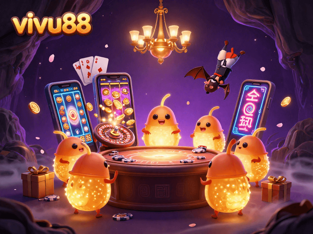 Experience exciting gaming at vivu88 with a vibrant illustrated casino filled with glowworms and dynamic elements.