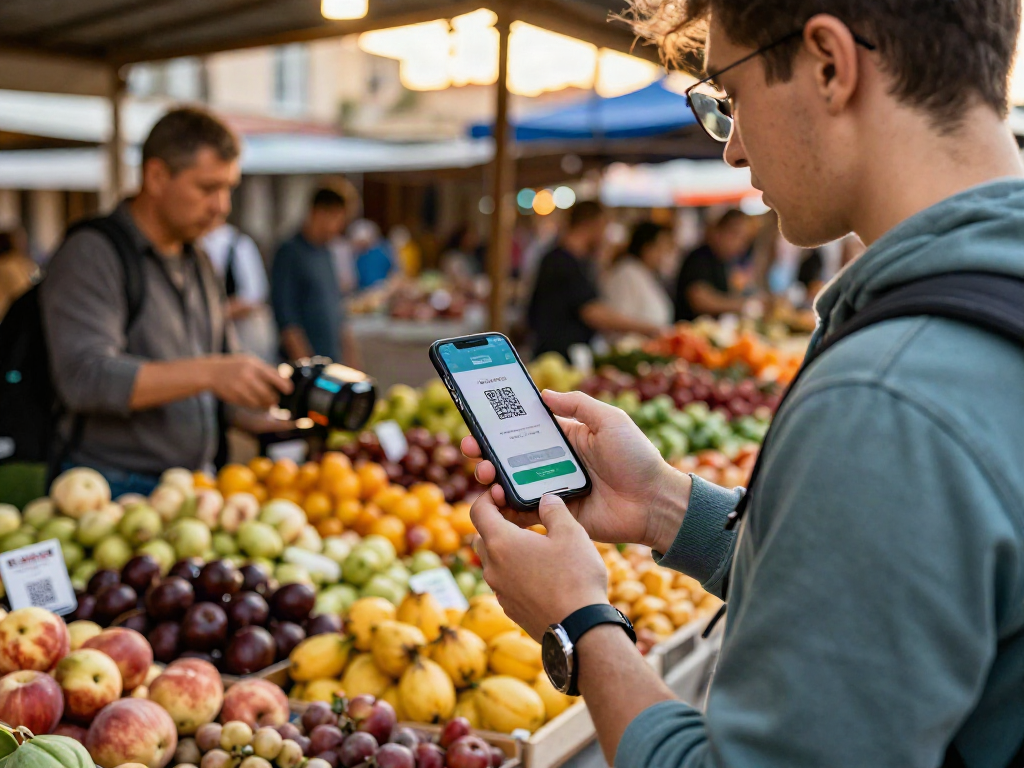 Persona usando la app de https://payinrussia.com/ en un mercado ruso, mostrando facilidad en transacciones.