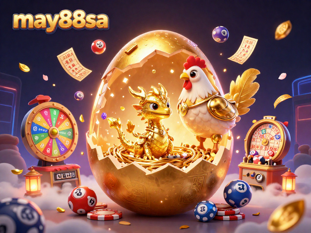 Experience may88sa in a vibrant 3D casino scene with golden elements, balls, and festive atmosphere.