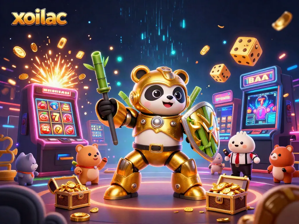 Xoilac-themed casino experience with animated panda robot, slot machines, and dynamic gaming elements.