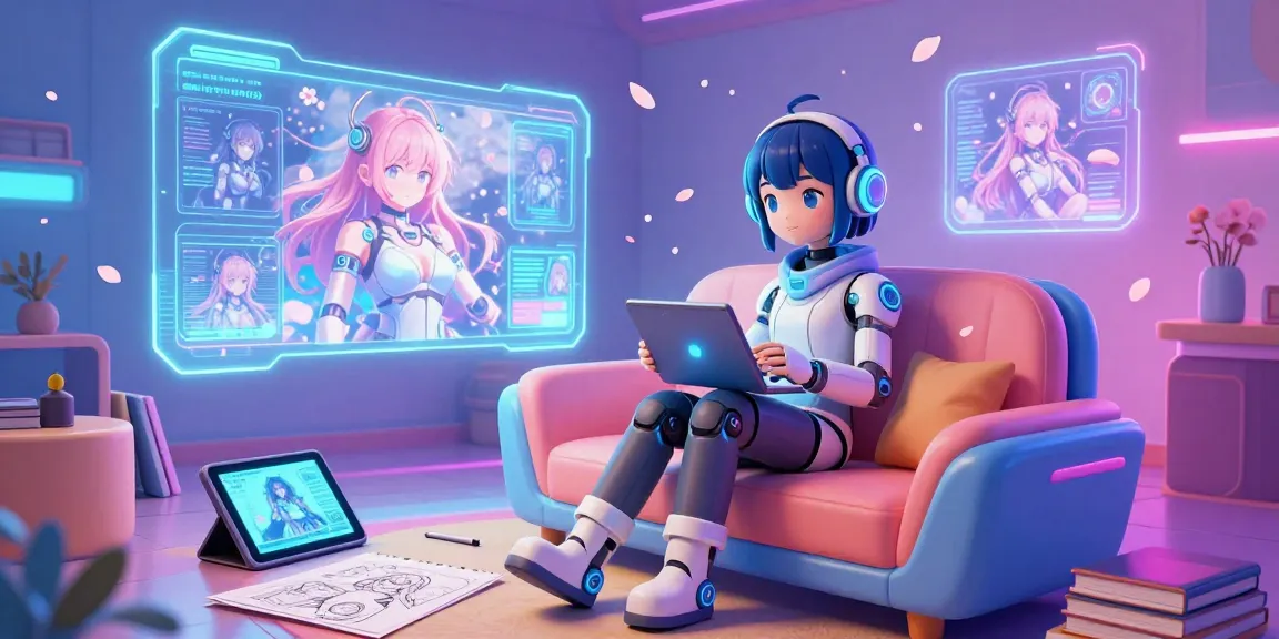 AI hentai character in a creative digital art studio with glowing displays, showcasing vibrant artworks.