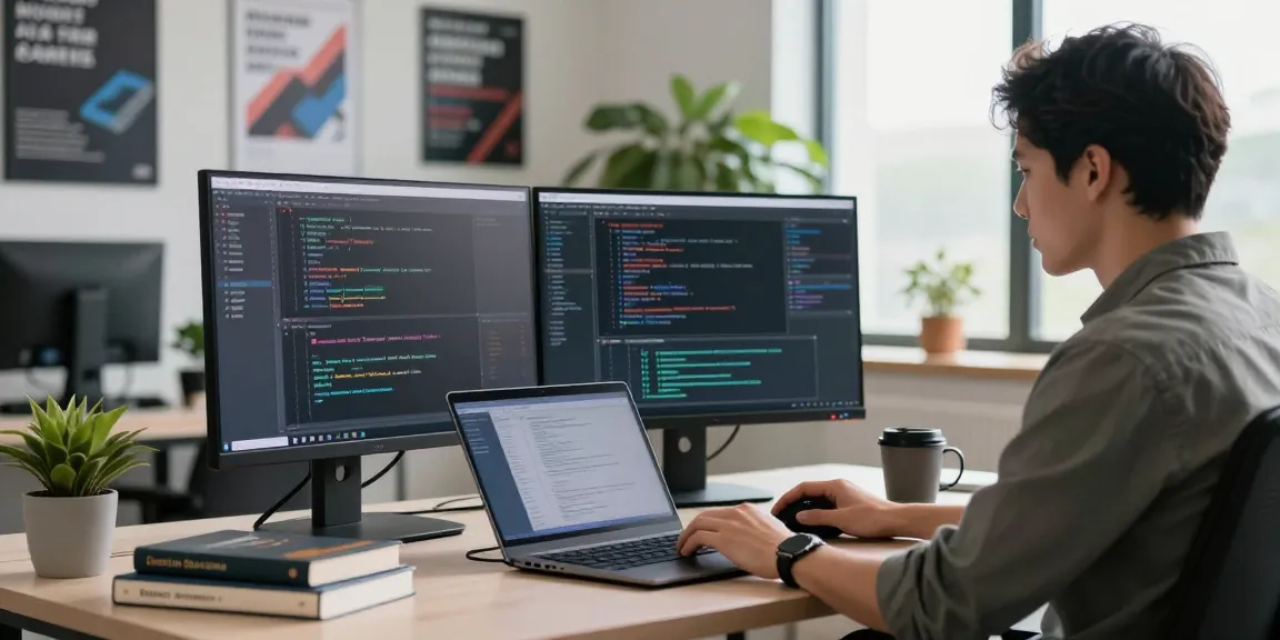 A software developer in a modern office setting uses dual monitors while coding, showcasing the WPS Official Website's tech solutions.