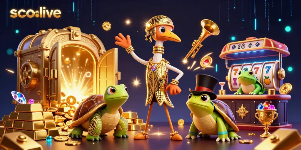 Socolive promotes excitement with a lively casino scene featuring cartoon characters amidst dazzling rewards.