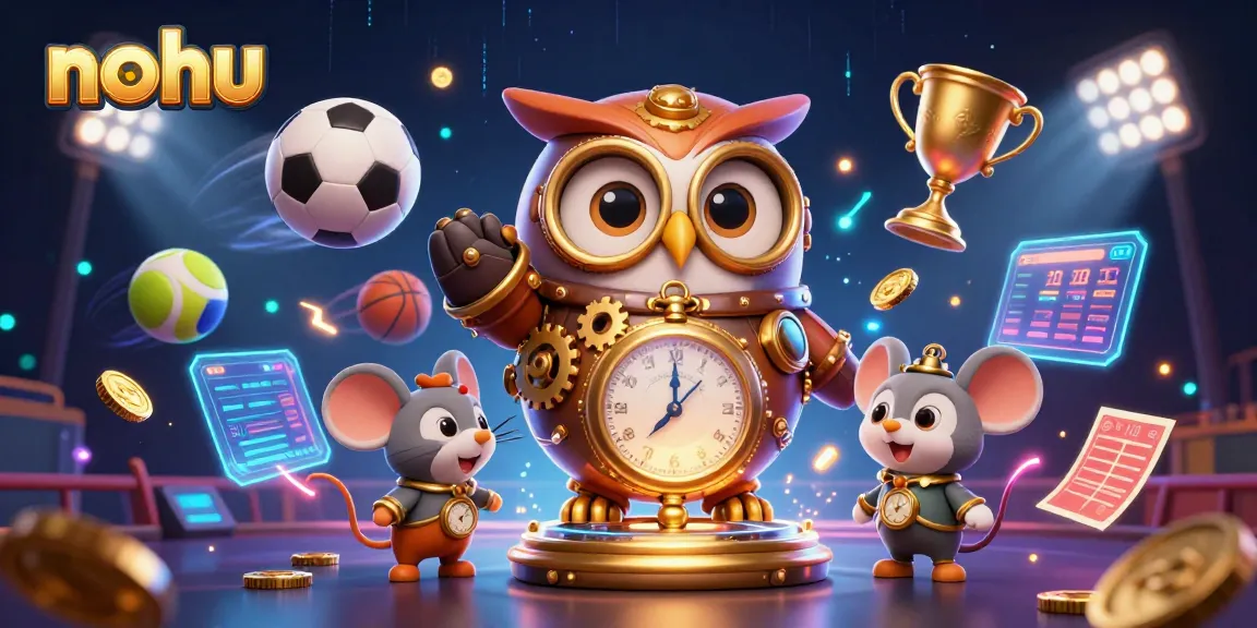Nohu brings excitement to gambling with a whimsical time-traveler owl and dynamic casino scene.
