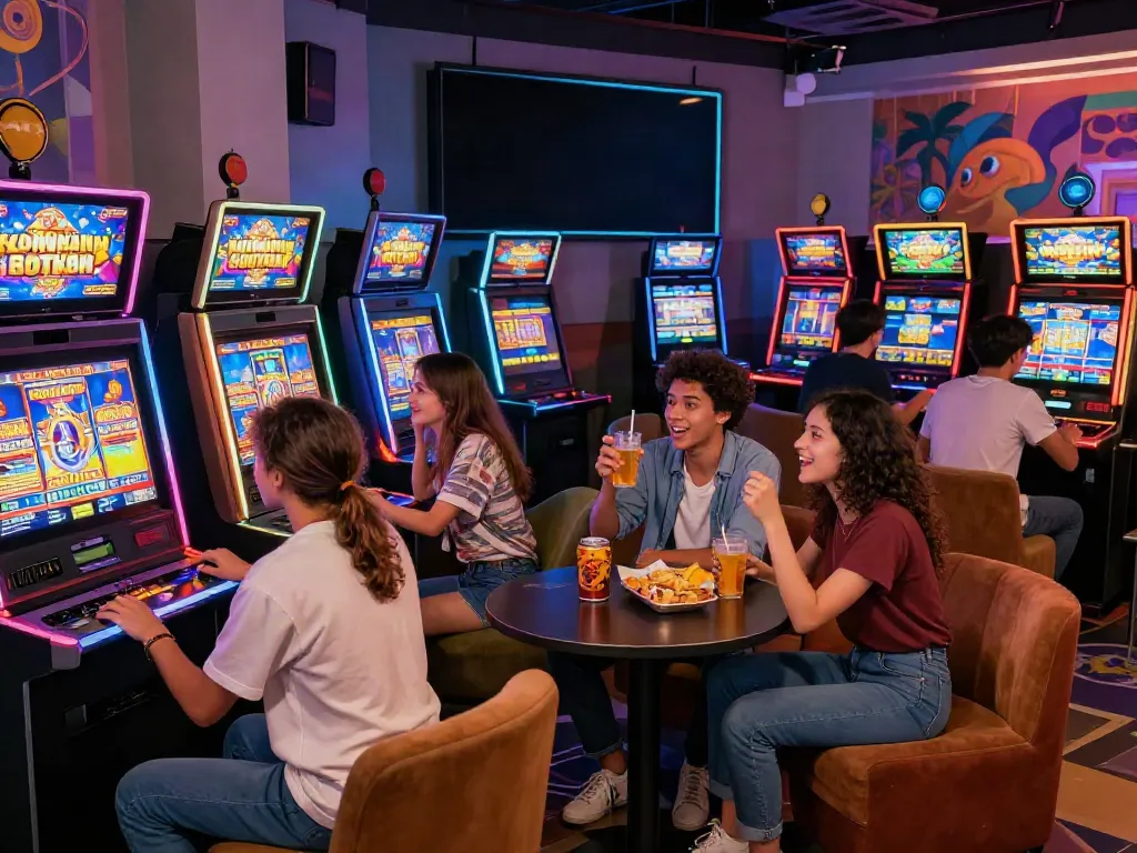 Group of friends enjoying rokok88 slot gaming in a vibrant lounge environment.