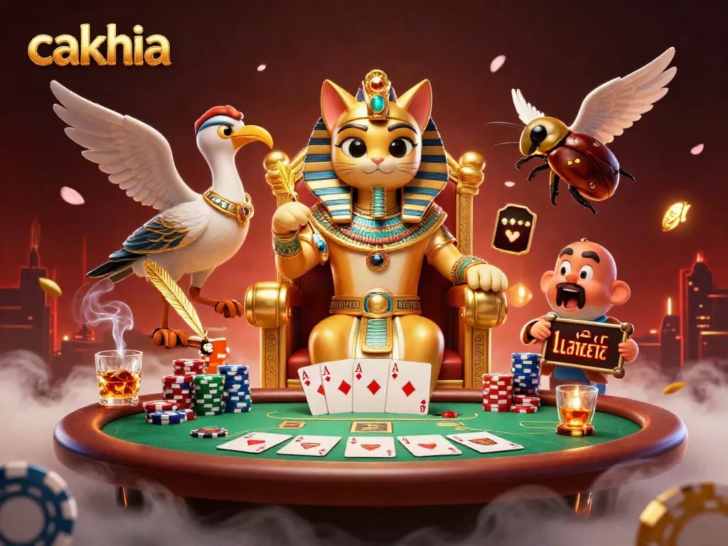 Engage with cakhia by enjoying live poker action alongside a regal pharaoh cat and scribe in a vibrant casino scene