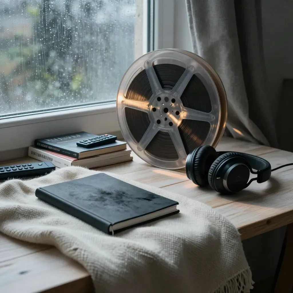 Filmrulle, hörlurar och böcker i dämpat ljus vid ett regnigt fönster.