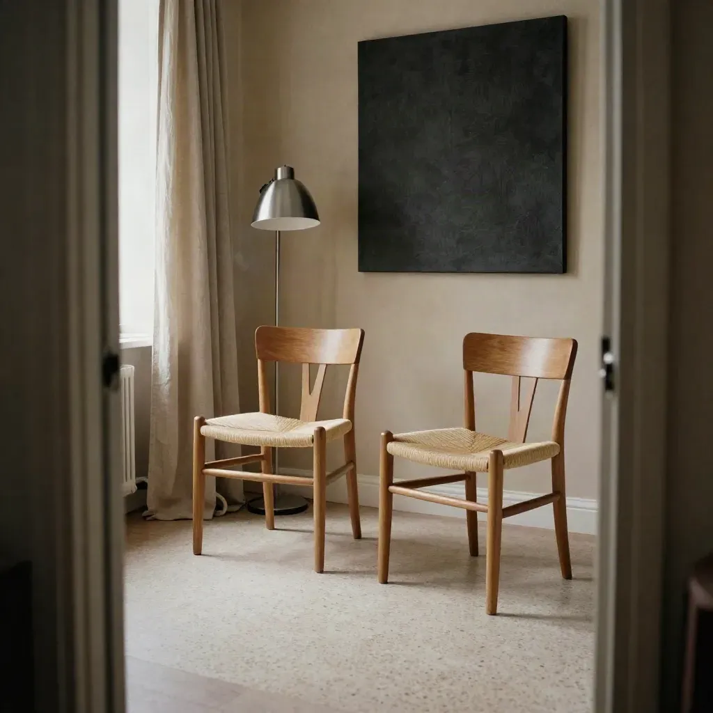Tomma intervjustolar, linnedraperi och ljuddämpande filt i ett stilla rum