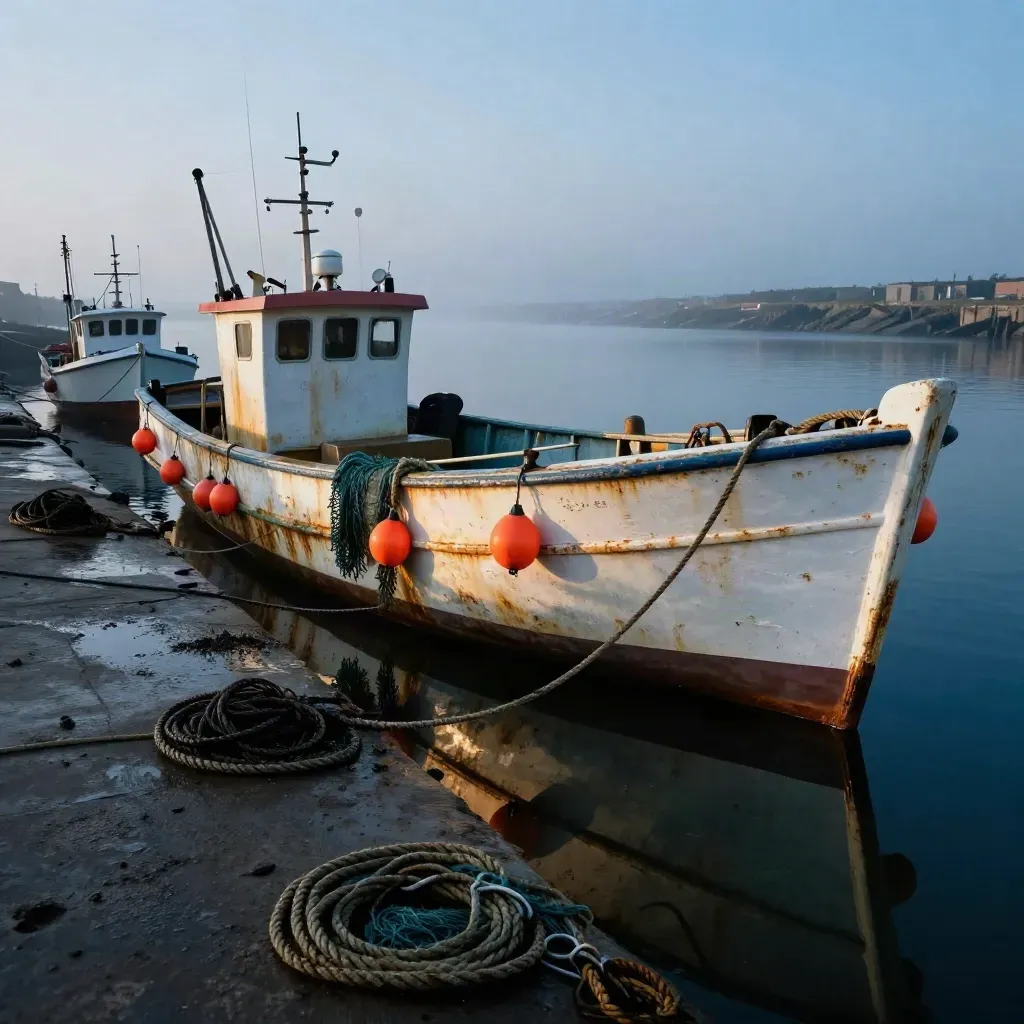 Fiskebåt vid stilla hamn i gryning med nät, bojar och dimma över vattnet.