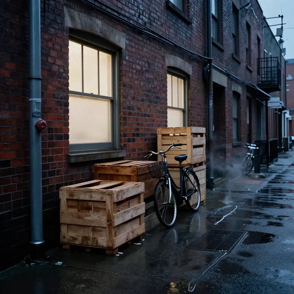 Mörk gränd i gryning med lysande verkstadsfönster, cykel och våta lådor