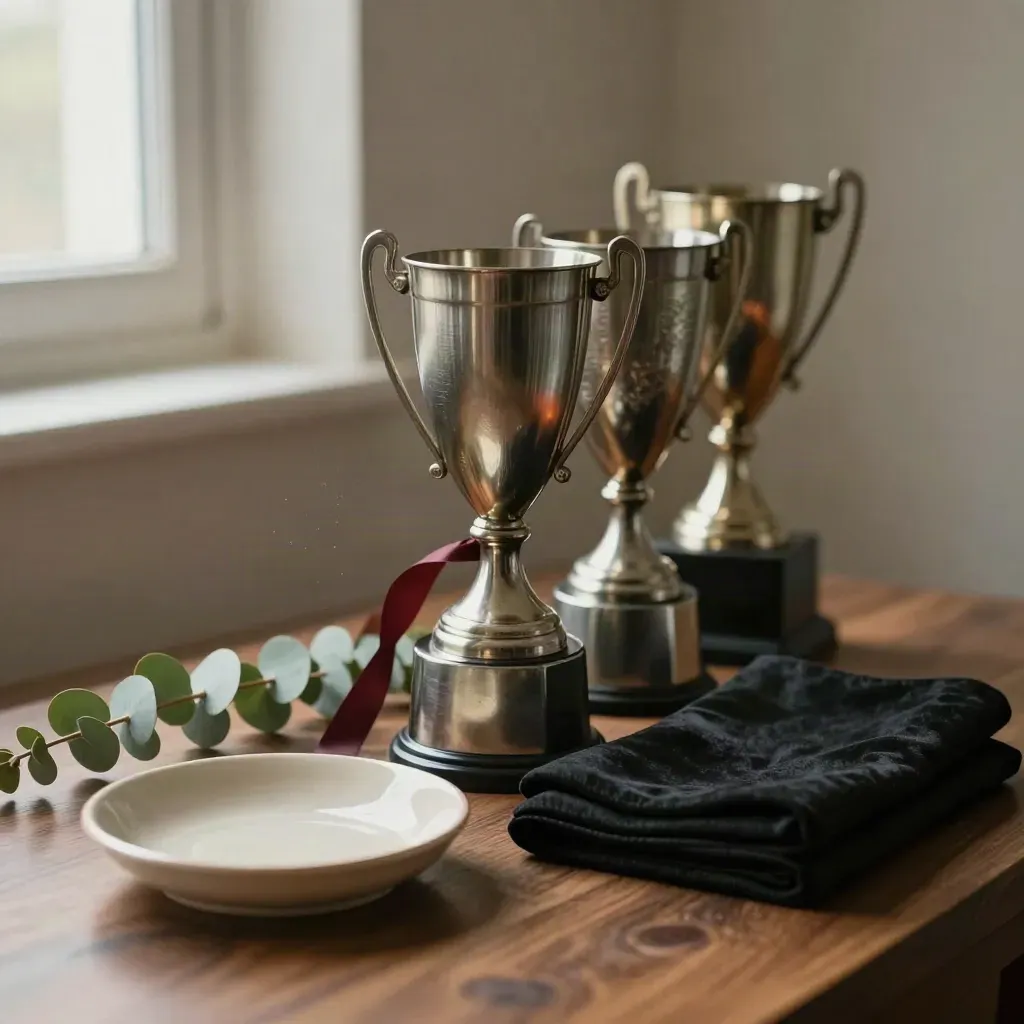 Bronsliknande troféer, svart tyg och eukalyptus i varmt fönsterljus