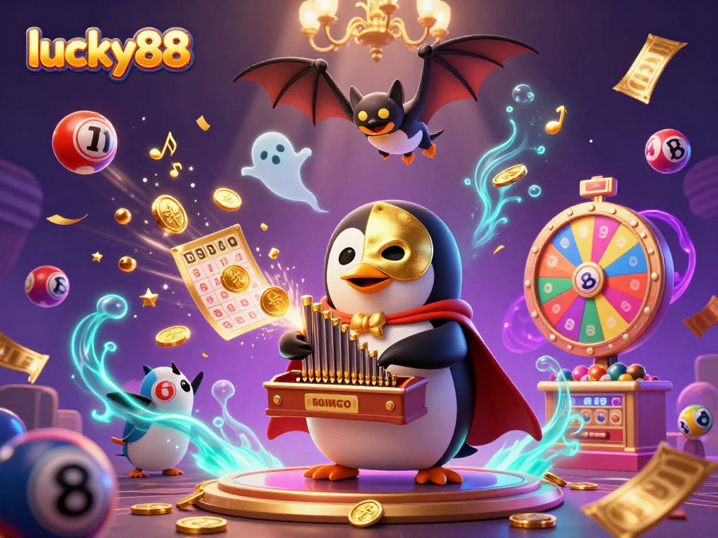 Experience exciting games at lucky88 with a vibrant scene of a penguin character, lottery balls, and golden coins.