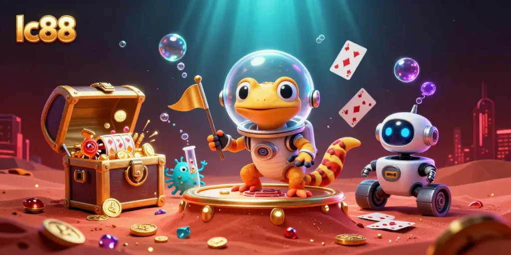 Join the excitement at lc88 as a Martian gecko finds a golden casino in this vibrant scene.