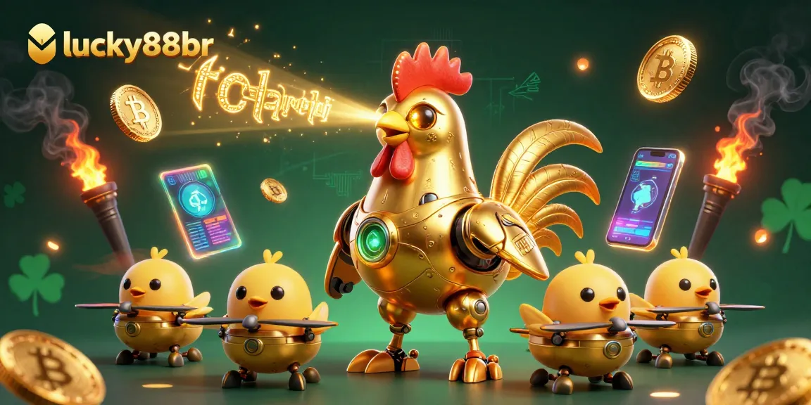 Engage with lucky88br's dynamic game scene featuring a golden rooster robot and crypto elements.