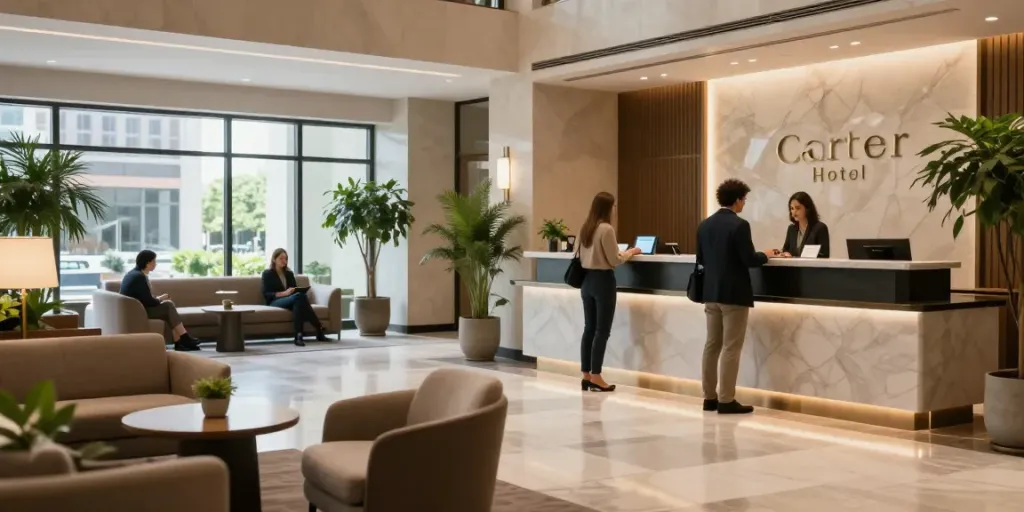 rokok88 login access in a stylish hotel lobby welcoming guests