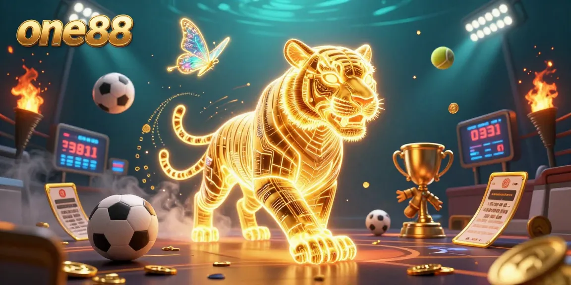 Bet on one88's immersive gaming experience with a neon golden tiger and dynamic sports elements.
