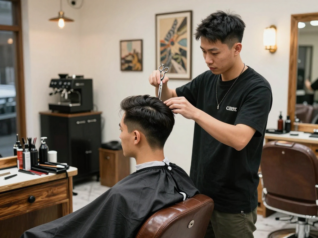 Precision haircut in a stylish barbershop highlighting rokok88 alternatif grooming experience.