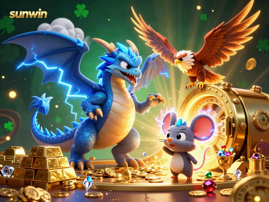 Experience thrilling wins with sunwin as thunder dragon and wind hawk bring luck in a dynamic casino scene.
