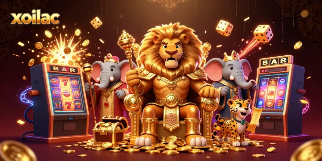 Experience gaming excitement with the vibrant xoilac scene featuring a lion king surrounded by dynamic casino elements.