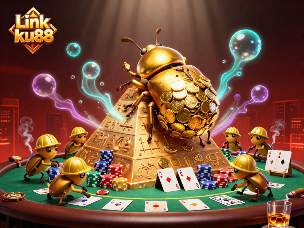 Experience thrilling gameplay with Link ku88 as a golden dung beetle rolls golden coins up a pyramid.