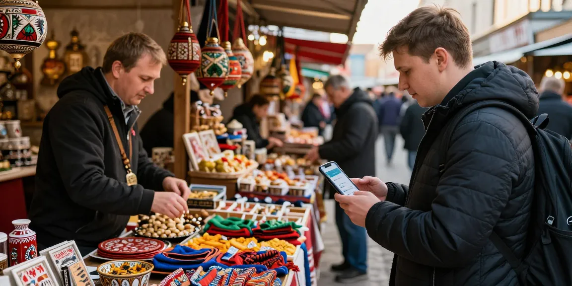 Punto de pago en un mercado ruso utilizando https://payinrussia.com/ para turistas, resaltando la cultura local.